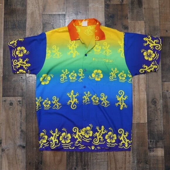 RIMA Mens Tree Frog Gecko Red Blue Green Yellow Hawaiian Button Up Shirt - Picture 1 of 4
